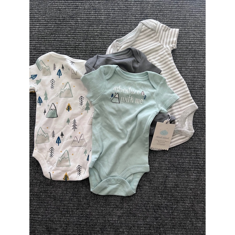 Cloud Island 0-3M‎ Adventure Mountain 4 Pack Short Sleeve Bodysuits Green Grey